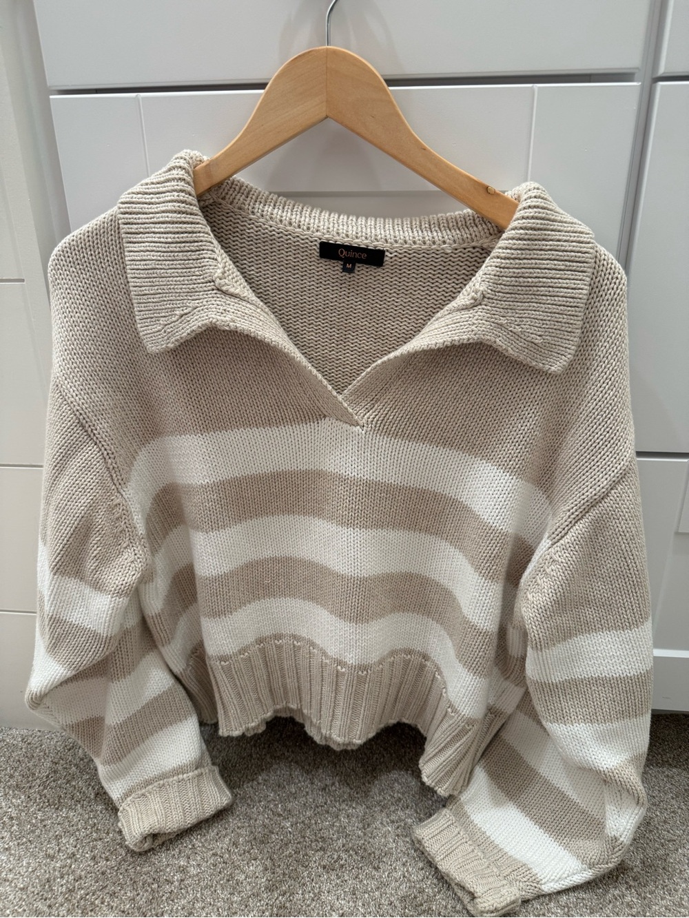 Quince Cream and White Striped Collared V-Neck Pullover